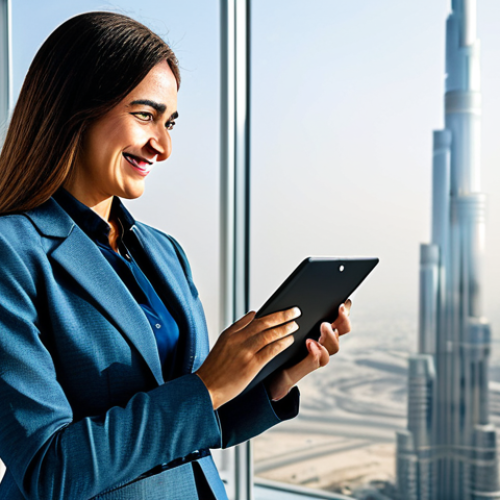 Home 6 **
A successful businesswoman in a modern, bright office in Dubai. She is wearing a professional, fully clothed business suit (skirt and jacket), and smiling confidently while looking at a tablet displaying charts. Background should include Burj Khalifa visible through the window. Perfect anatomy, well-formed hands, appropriate attire, professional lighting, high resolution, safe for work, modest.
**
