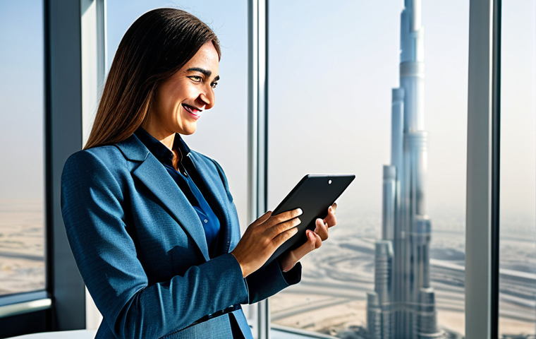 **

A successful businesswoman in a modern, bright office in Dubai. She is wearing a professional, fully clothed business suit (skirt and jacket), and smiling confidently while looking at a tablet displaying charts. Background should include Burj Khalifa visible through the window. Perfect anatomy, well-formed hands, appropriate attire, professional lighting, high resolution, safe for work, modest.

**