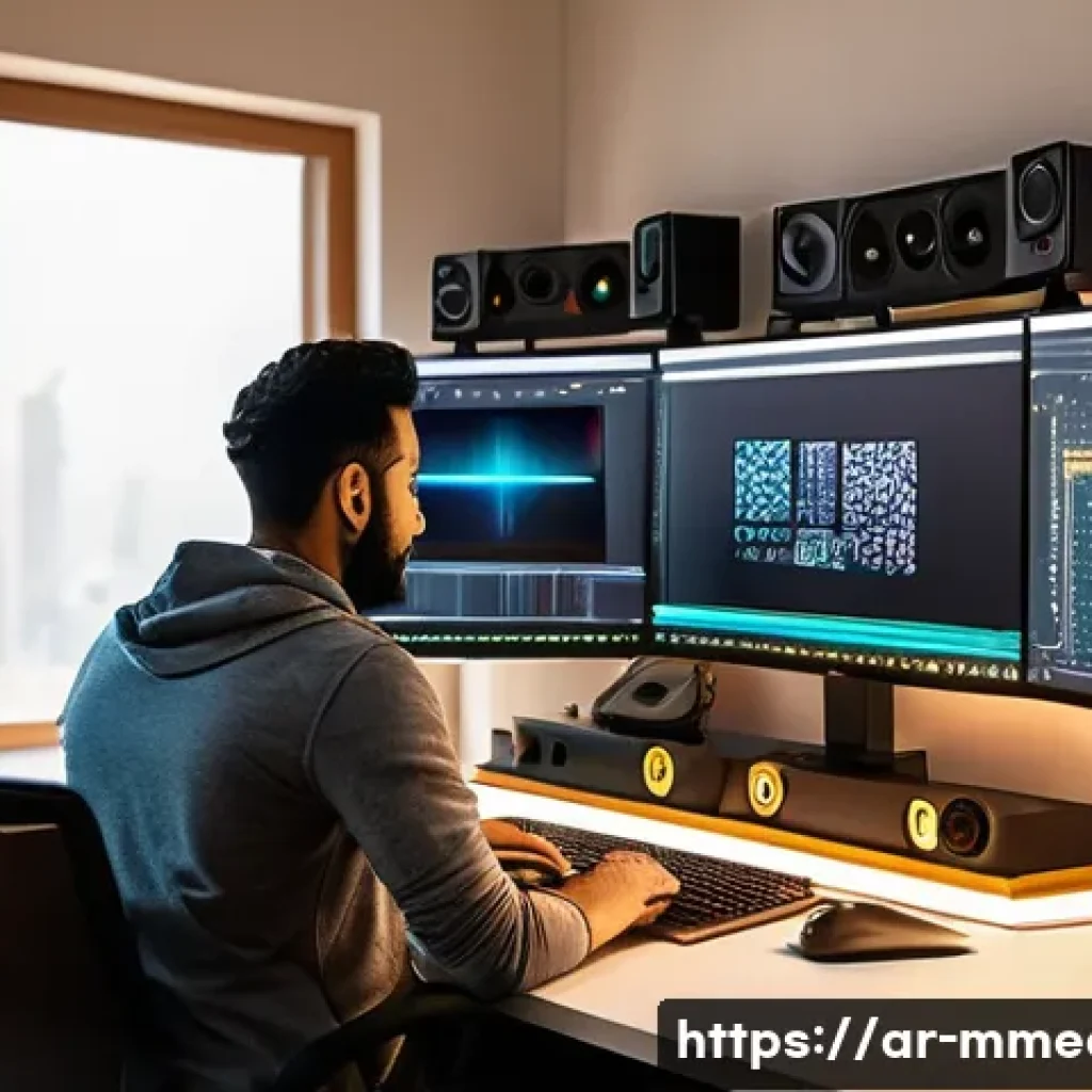 멀티미디어 콘텐츠 제작 분야 연봉 트렌드 - A professional Arab multimedia content creator working in a modern home studio filled with high-tech...