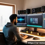 Home 21 멀티미디어 콘텐츠 제작 분야 연봉 트렌드 - A professional Arab multimedia content creator working in a modern home studio filled with high-tech...