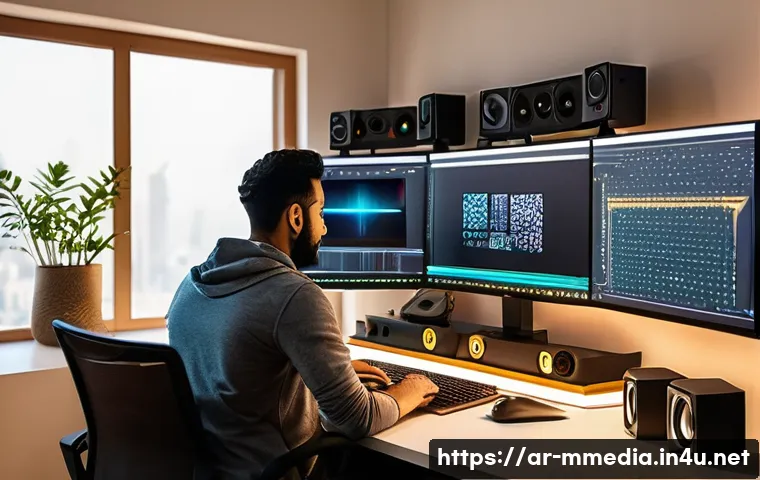 멀티미디어 콘텐츠 제작 분야 연봉 트렌드 - A professional Arab multimedia content creator working in a modern home studio filled with high-tech...