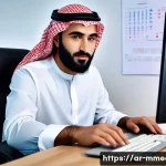 Home 20 멀티미디어 콘텐츠 제작 전문가 이직 사례 - A professional Arab multimedia content creator in a modern office setting, surrounded by high-tech e...