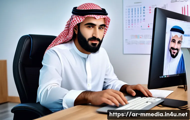 멀티미디어 콘텐츠 제작 전문가 이직 사례 - A professional Arab multimedia content creator in a modern office setting, surrounded by high-tech e...