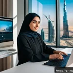 Home 23 멀티미디어 콘텐츠 제작 과정 상세 설명 - A modern Arabic digital marketing workspace scene showcasing a young Middle Eastern professional wom...