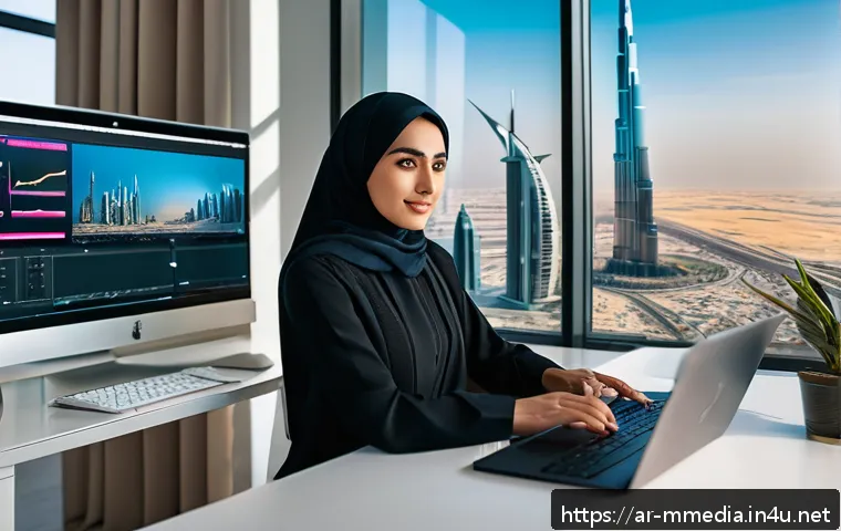 멀티미디어 콘텐츠 제작 과정 상세 설명 - A modern Arabic digital marketing workspace scene showcasing a young Middle Eastern professional wom...